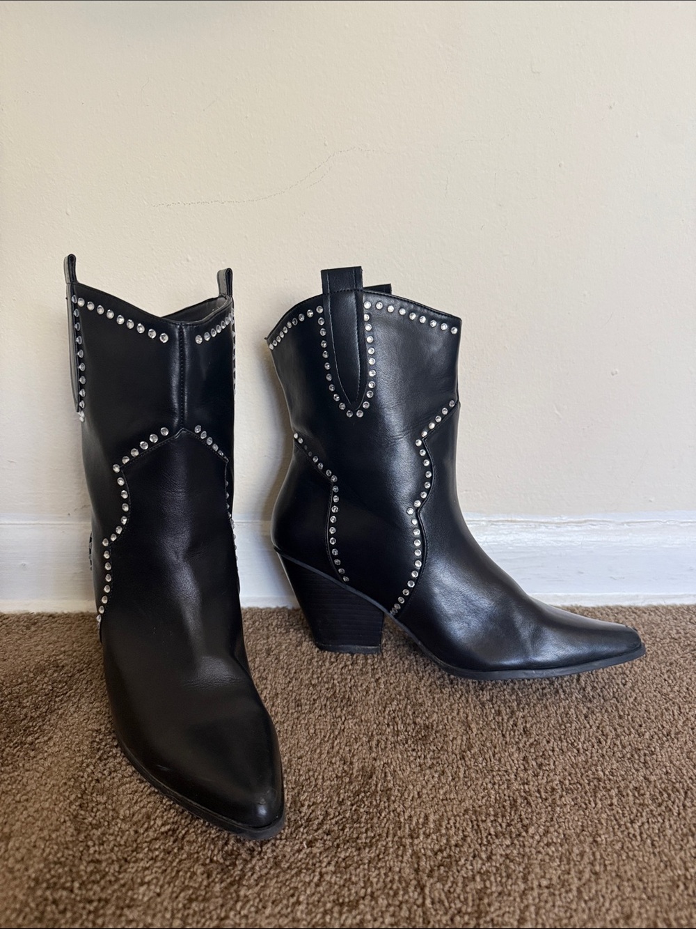 Vintage Black Studded Western Ankle Boots - Women